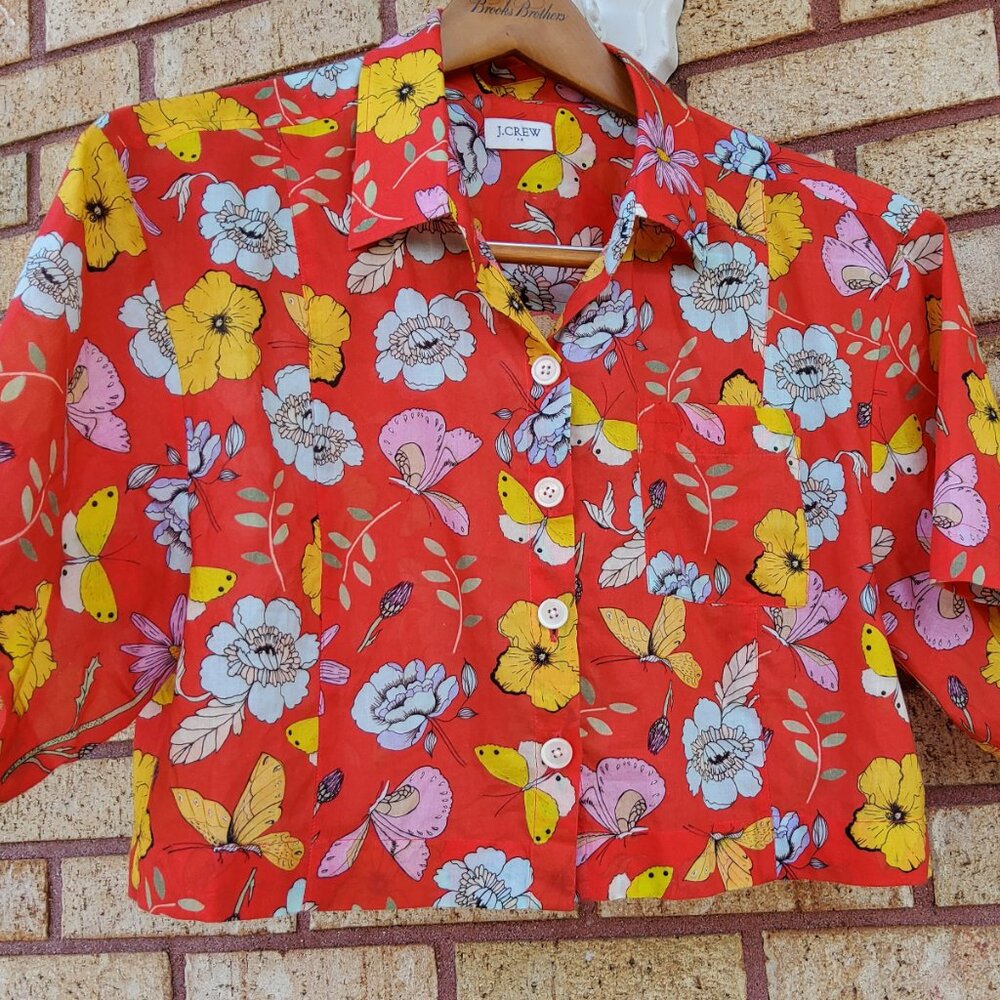 NWOT J. Crew Floral Voile Button Cropped Shirt Top Color: Red/Yellow/Blue Sz2-6